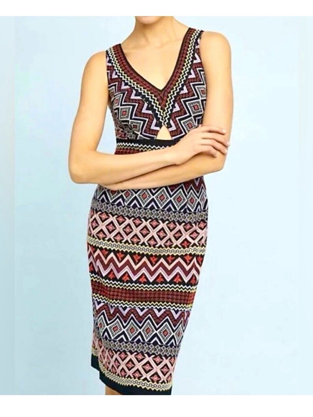 Anthropologie Multicolor Geo‑Print V‑Neck Midi Dress